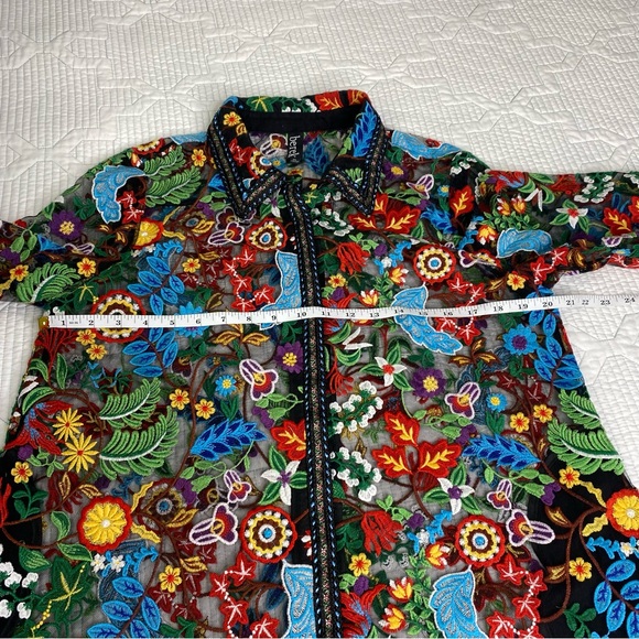 BEREK Petite L Floral Embroidered Black Mesh Button Down Shirt Blouse *flaw - Picture 6 of 14